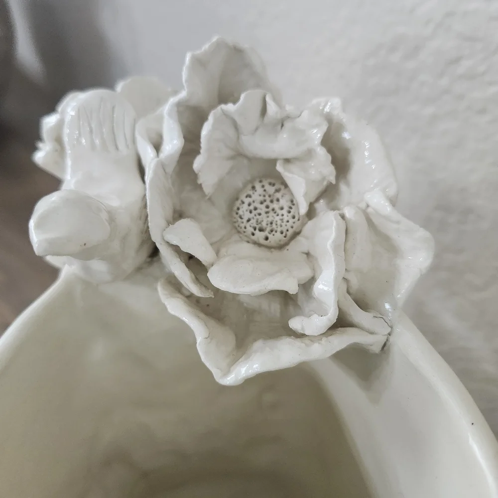 Vintage Handmade White Bird Flower  Delicate Ceramic Pitcher Vase